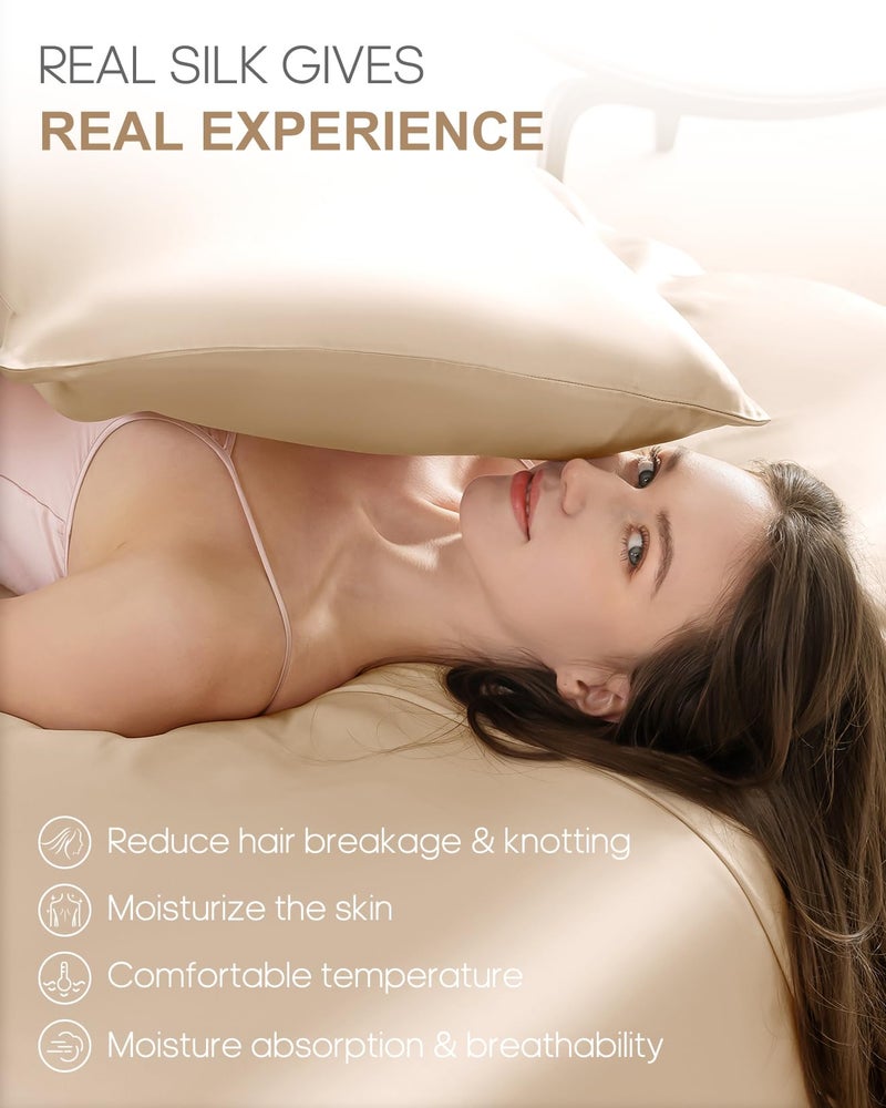 THXSILK Set of 2 100% Mulberry Silk Pillowcases for Hair and Skin Health, 22 Momme Soft and Smooth Pillowcases with Hidden Zipper, Both Sides Premium Grade 6A+ Silk (Standard 20"x26", Beige) - Image 3