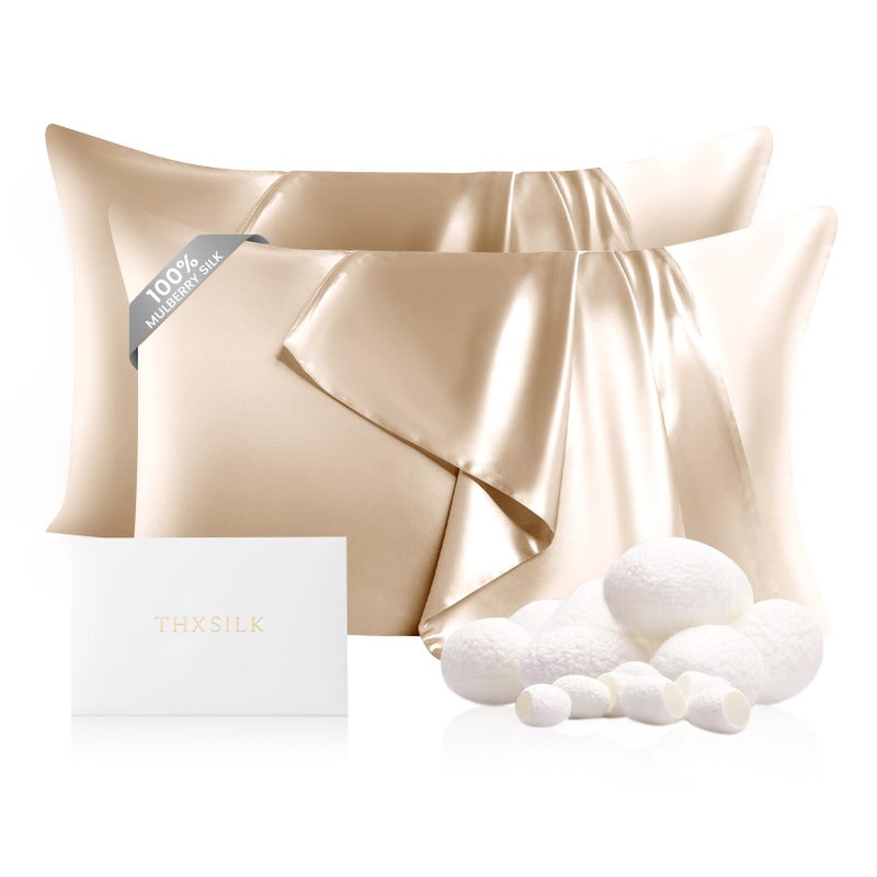 THXSILK Set of 2 100% Mulberry Silk Pillowcases for Hair and Skin Health, 22 Momme Soft and Smooth Pillowcases with Hidden Zipper, Both Sides Premium Grade 6A+ Silk (Standard 20"x26", Beige) - Image 1