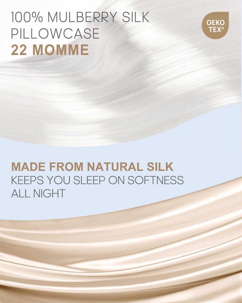 THXSILK Set of 2 100% Mulberry Silk Pillowcases for Hair and Skin Health, 22 Momme Soft and Smooth Pillowcases with Hidden Zipper, Both Sides Premium Grade 6A+ Silk (Standard 20"x26", Beige) - Image 2