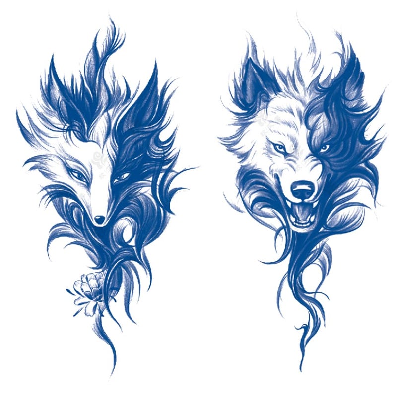 2 Sheets Semi Permanent Waterproof Temporary Tattoos, Lasts 1-2 Weeks, Realistic Look, No Adhesive, No Reflection Adult Body Art Stickers, Fox Wolf Arm