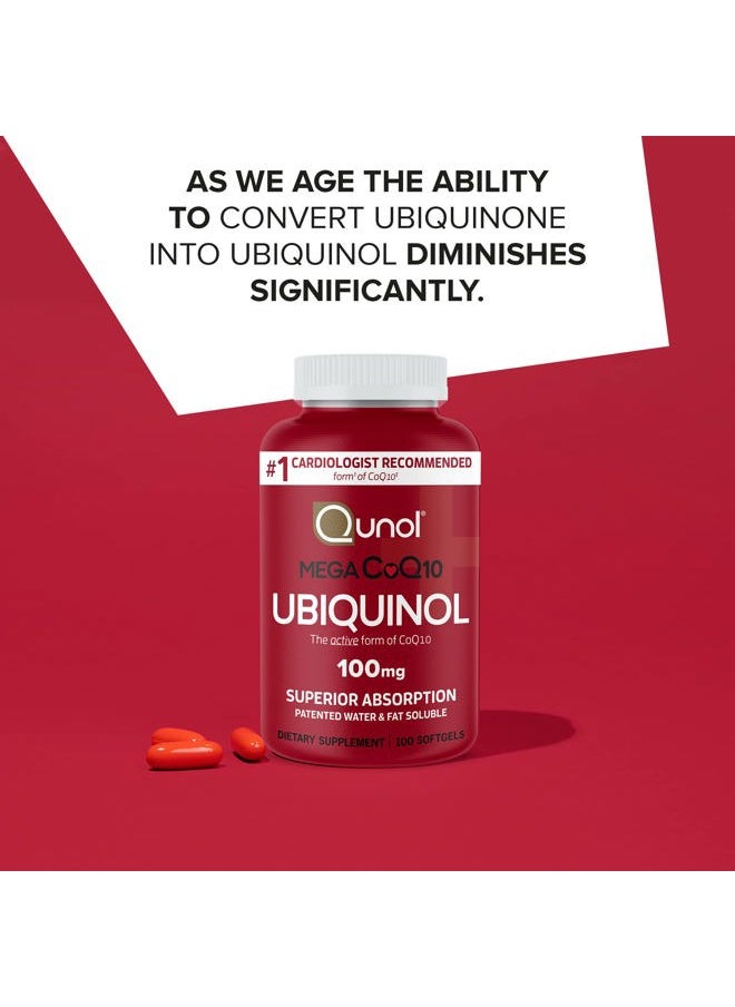 Qunol Mega Ubiquinol 100mg CoQ10, Superior Absorption, Patented Water and Fat Soluble Natural Supplement Form of Coenzyme Q10, Antioxidant for Heart Health, 100 Count Softgels  - Image 2