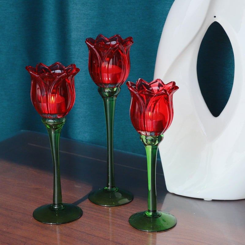 VOHO Red Tulips Candle Holders Gifts for Anniversary, Red Tealight Candle Holder for Christmas Holiday Valentines Decorations, Tulip Tea Light Candle Holders Glass Decor for Romance Tabletop(Set of3) - Image 4