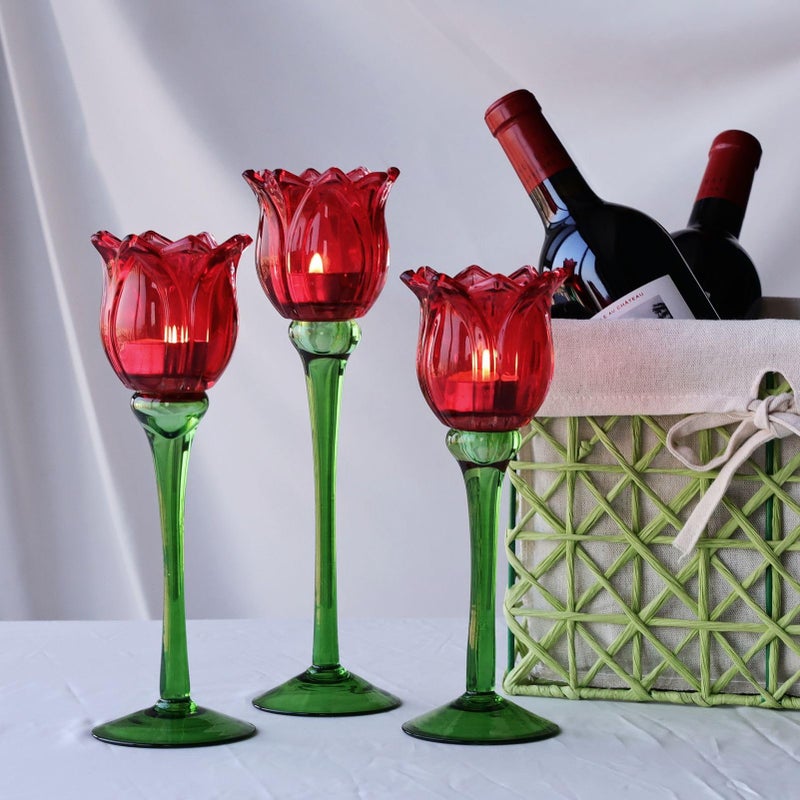 VOHO Red Tulips Candle Holders Gifts for Anniversary, Red Tealight Candle Holder for Christmas Holiday Valentines Decorations, Tulip Tea Light Candle Holders Glass Decor for Romance Tabletop(Set of3) - Image 5