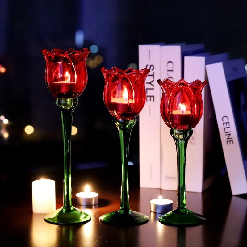 VOHO Red Tulips Candle Holders Gifts for Anniversary, Red Tealight Candle Holder for Christmas Holiday Valentines Decorations, Tulip Tea Light Candle Holders Glass Decor for Romance Tabletop(Set of3) - Image 2