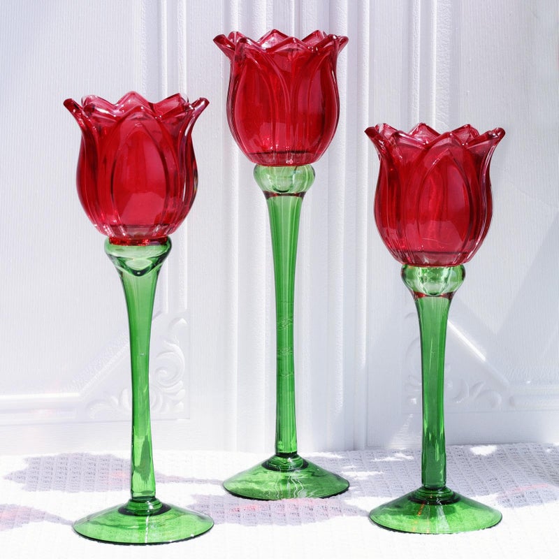 VOHO Red Tulips Candle Holders Gifts for Anniversary, Red Tealight Candle Holder for Christmas Holiday Valentines Decorations, Tulip Tea Light Candle Holders Glass Decor for Romance Tabletop(Set of3) - Image 1