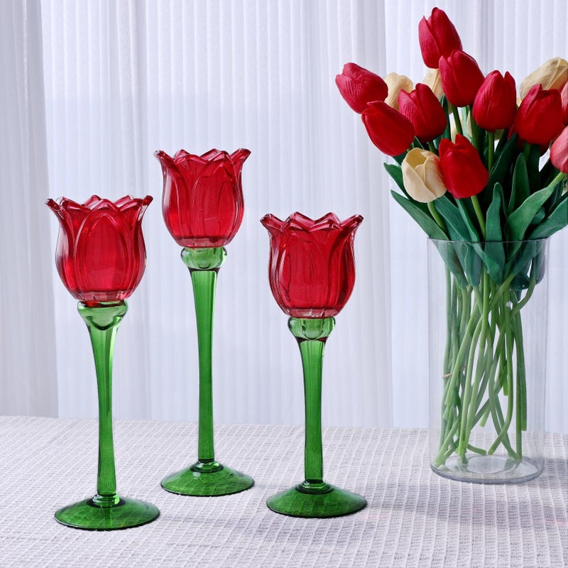 VOHO Red Tulips Candle Holders Gifts for Anniversary, Red Tealight Candle Holder for Christmas Holiday Valentines Decorations, Tulip Tea Light Candle Holders Glass Decor for Romance Tabletop(Set of3) - Image 3