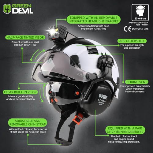 GREEN DEVIL Hard Hat Safety Helmet with Rechargeable Headlamp Light and Visor Ear Muffs Vented Work Hardhat ANSI Z89.1 Cascos De Construccion for Industrial Construction Forestry - Image 2