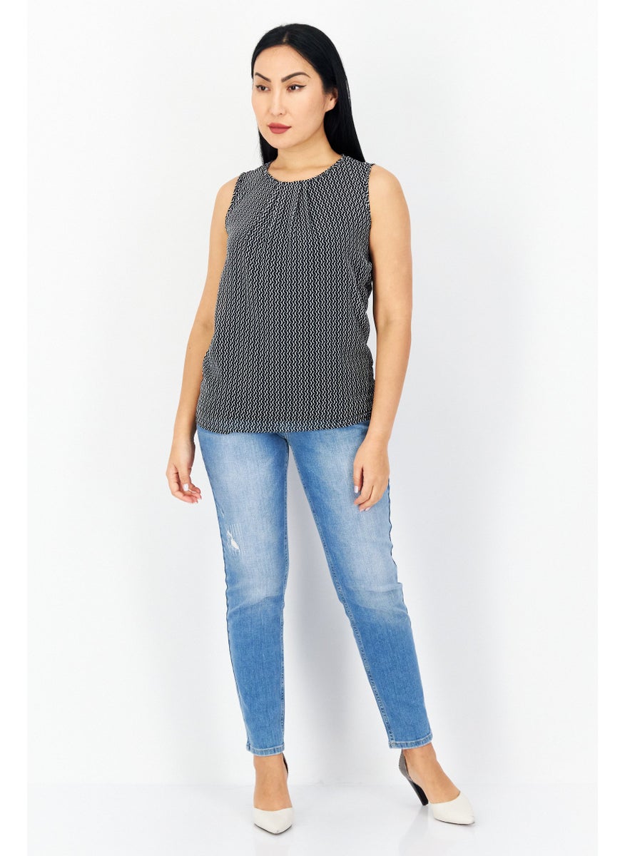 Zero Women Round Neck Sleeveless Allover Print Top, Black  - Image 4
