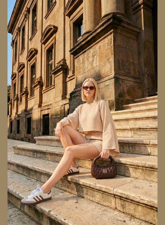 ليلا Lela Cotton Comfort Fit Round Neck Muslin Set with Shorts for Women SET 5866317