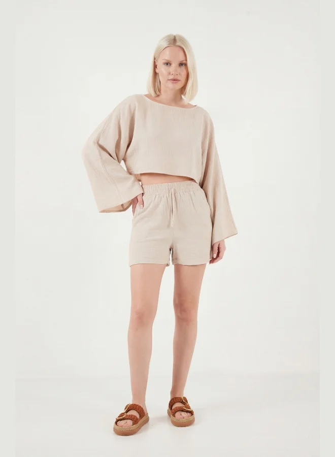 ليلا Lela Cotton Comfort Fit Round Neck Muslin Set with Shorts for Women SET 5866317