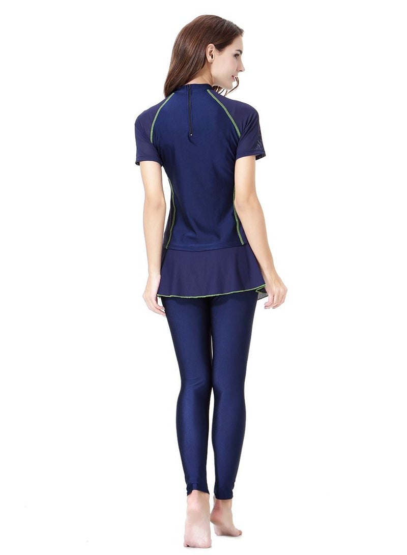 Loquat 2-Piece Conservative Swimwear Set Short Sleeve Burkini Swimsuit Set Navy Blue Printed  - Image 2