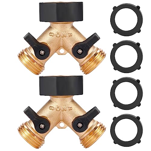 Sanpaint Garden Hose Splitter 2 Way Heavy Duty, Y Connector Brass Garden Hose Adapter, 2 Pack Hose Bib Splitter with 4 Extra Rubber Washers - Image 1