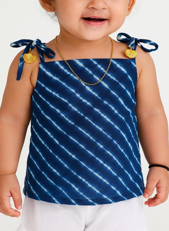 VeraA Sleeveless Leheriya Kurti and White Sharara Set for Girls - Cotton Ethnic Dress with Sharara Pant & Tassel Straps | Perfect for Pooja, and Weddings (Blue, 18 to 24 Month) - Image 2