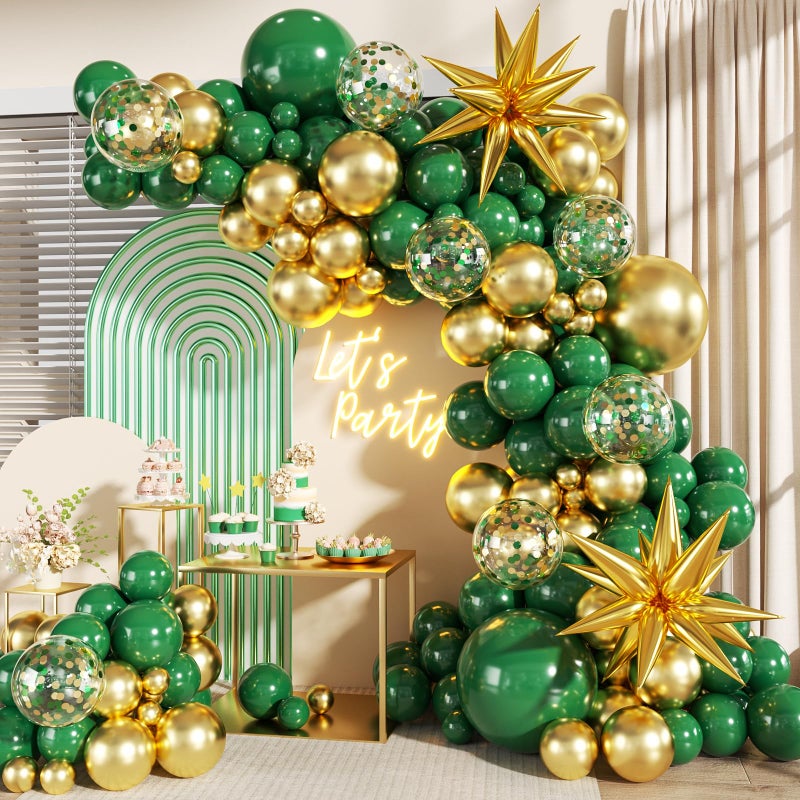 LANGASQUE Green and Gold Balloon Garland Arch Kit 140Pcs Emerald Green Gold Confetti Balloons With Stars for Birthday Wedding Birdal Shower Christmas Graduation Party Decorations - Image 3