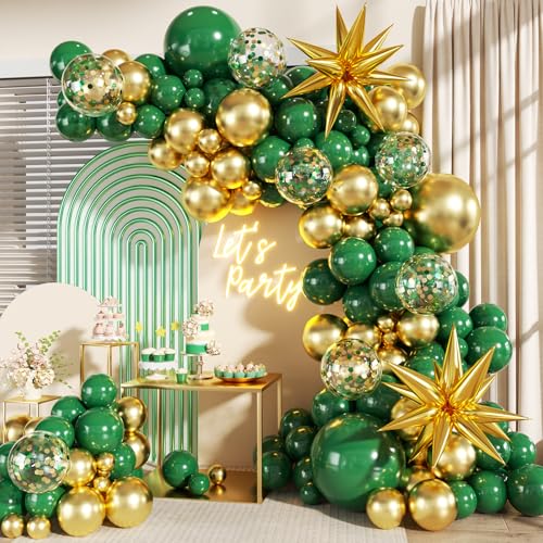 LANGASQUE Green and Gold Balloon Garland Arch Kit 140Pcs Emerald Green Gold Confetti Balloons With Stars for Birthday Wedding Birdal Shower Christmas Graduation Party Decorations - Image 1