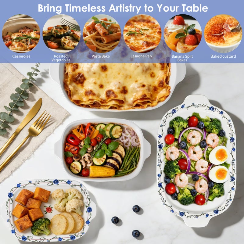 ACMLIFE Ceramic Casserole Dish with Lids for Oven, Large Baking Dish with Lid and Small Ceramic Casserole Dishes with Lid, Bakeware Set Baking Pan Lasagna Pan with Lids & Handles 4 Pcs Set (13x8 Inch+ 8x6 Inch, 2.01 Quart+0.85 Quart, Blue and White), Ceramic Bakeware Microwave, Dishwasher Safe - Image 2