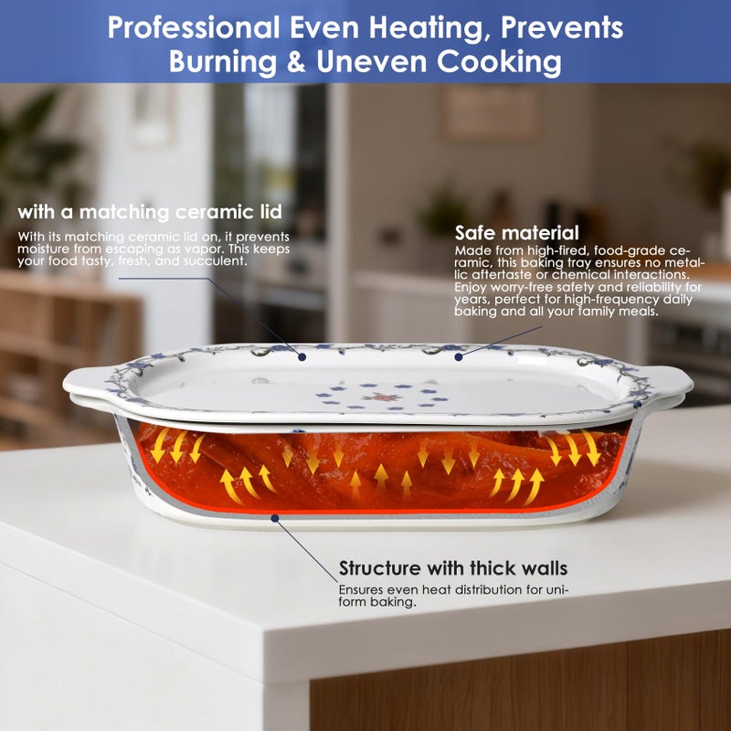 ACMLIFE Ceramic Casserole Dish with Lids for Oven, Large Baking Dish with Lid and Small Ceramic Casserole Dishes with Lid, Bakeware Set Baking Pan Lasagna Pan with Lids & Handles 4 Pcs Set (13x8 Inch+ 8x6 Inch, 2.01 Quart+0.85 Quart, Blue and White), Ceramic Bakeware Microwave, Dishwasher Safe - Image 3