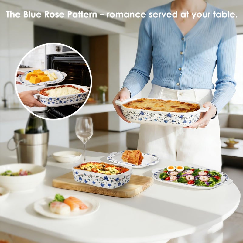 ACMLIFE Ceramic Casserole Dish with Lids for Oven, Large Baking Dish with Lid and Small Ceramic Casserole Dishes with Lid, Bakeware Set Baking Pan Lasagna Pan with Lids & Handles 4 Pcs Set (13x8 Inch+ 8x6 Inch, 2.01 Quart+0.85 Quart, Blue and White), Ceramic Bakeware Microwave, Dishwasher Safe - Image 4