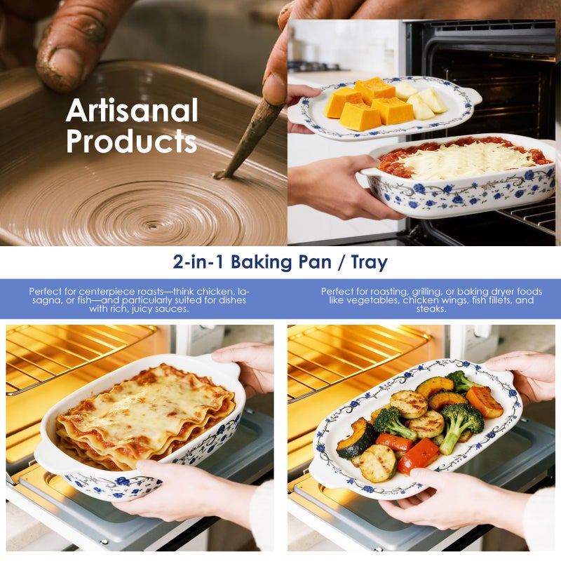 ACMLIFE Ceramic Casserole Dish with Lids for Oven, Large Baking Dish with Lid and Small Ceramic Casserole Dishes with Lid, Bakeware Set Baking Pan Lasagna Pan with Lids & Handles 4 Pcs Set (13x8 Inch+ 8x6 Inch, 2.01 Quart+0.85 Quart, Blue and White), Ceramic Bakeware Microwave, Dishwasher Safe - Image 5