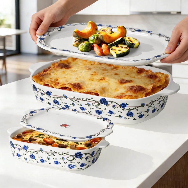 ACMLIFE Ceramic Casserole Dish with Lids for Oven, Large Baking Dish with Lid and Small Ceramic Casserole Dishes with Lid, Bakeware Set Baking Pan Lasagna Pan with Lids & Handles 4 Pcs Set (13x8 Inch+ 8x6 Inch, 2.01 Quart+0.85 Quart, Blue and White), Ceramic Bakeware Microwave, Dishwasher Safe - Image 1