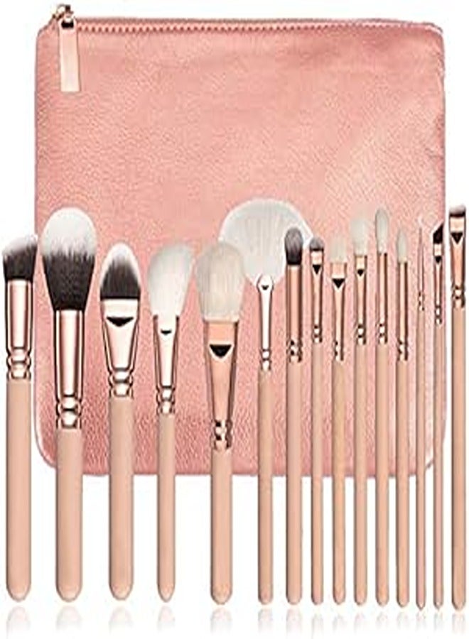 مجموعة فرش المكياج بمقبض - 15 قطعة، وردي