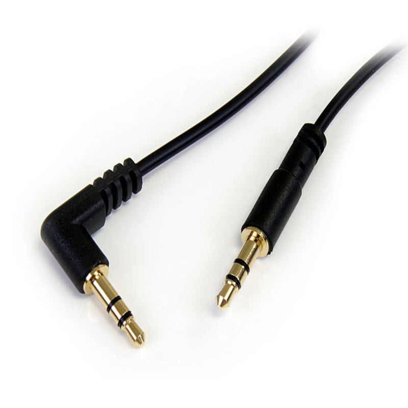StarTech.com 1 ft. (0.3 m) Right Angle 3.5 mm Audio Cable - 3.5mm Slim Audio Cable - Male/Male - Aux Cable (MU1MMSRA), Black - Image 1