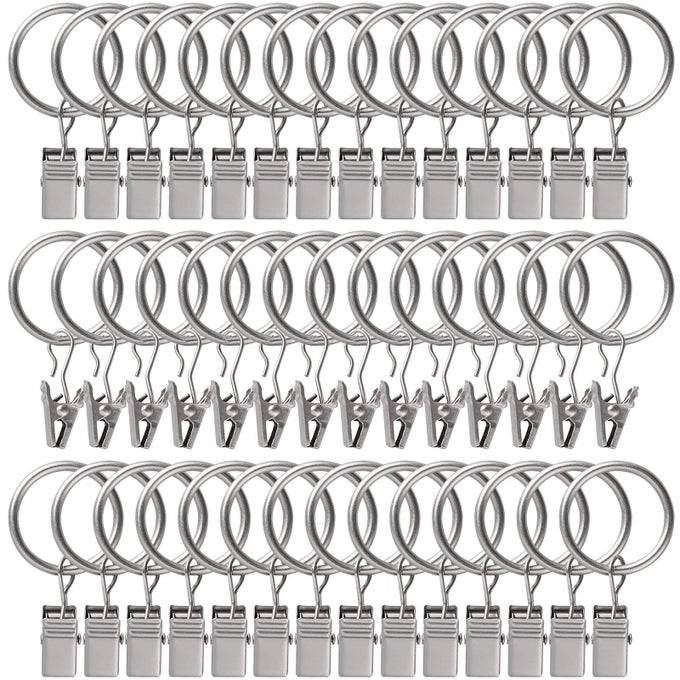44 PACK CURTAIN RINGS WITH CLIPS HOOKS 1 INCH RUSTPROOF MATTE METAL STAINLESS STEEL DRAPERY RINGS FOR TENSION ROD BRACKET EYELETS DECORATIVE HANGERS MATTE SILVER 1 INTERIOR DIAMETER