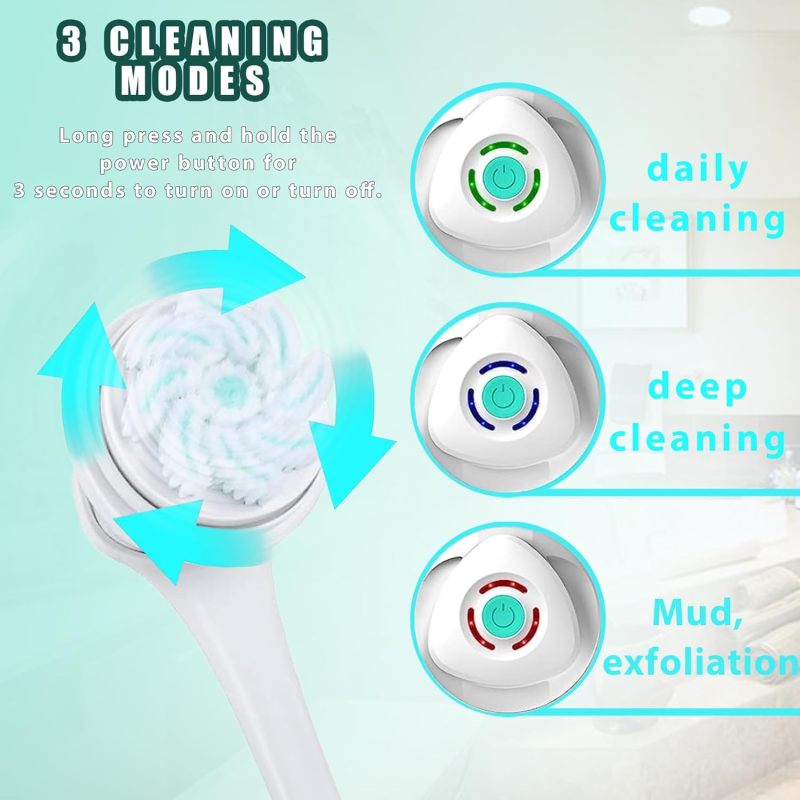 Rechargeable Sound Wave Bath Brush: 5 Detachable Heads Multi-Speed Settings - IPX7 Waterproof Long Handle Exfoliating Brush for Full Body Deep Cleansing Back Exfoliation for Men Women - Image 3