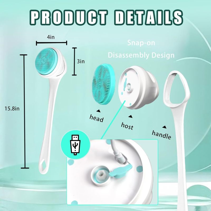 Rechargeable Sound Wave Bath Brush: 5 Detachable Heads Multi-Speed Settings - IPX7 Waterproof Long Handle Exfoliating Brush for Full Body Deep Cleansing Back Exfoliation for Men Women - Image 4