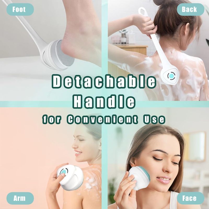 Rechargeable Sound Wave Bath Brush: 5 Detachable Heads Multi-Speed Settings - IPX7 Waterproof Long Handle Exfoliating Brush for Full Body Deep Cleansing Back Exfoliation for Men Women - Image 2