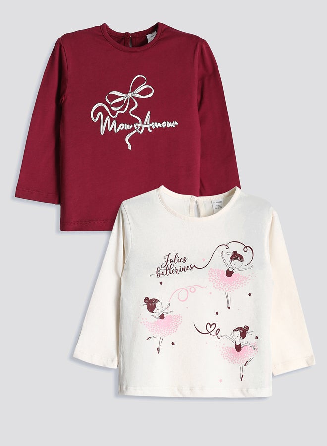 ال سي وايكيكي طقم من قطعتين تيشيرت بناتي مطبوع بياقة دائرية - Image 1