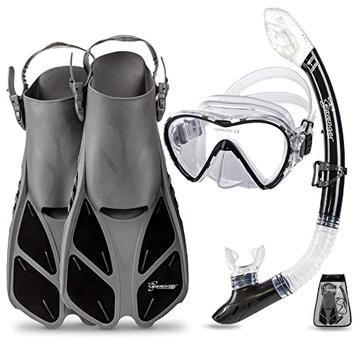 Seavenger Diving Dry Top Snorkel Set with Trek Fin, Single Lens Mask and Gear Bag, L/XL - Size 9 to 13, Gray/Black - Image 1