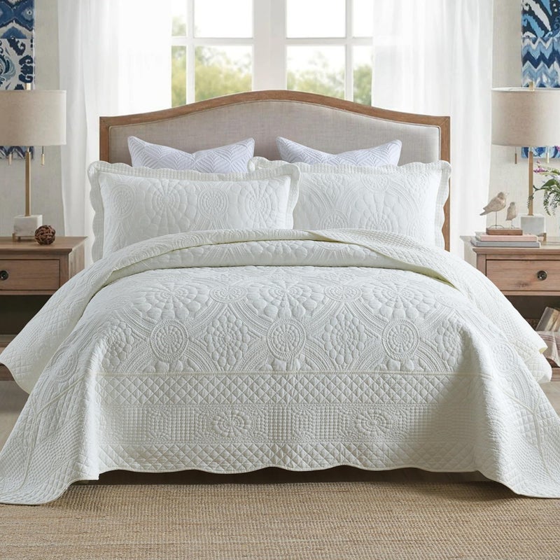 MarCielo 3Piece 100 Cotton Oversized Bedspread Lightweight Quilt Coverlet Embroidery Farmhouse Bedding Tf Soft White King 118x106