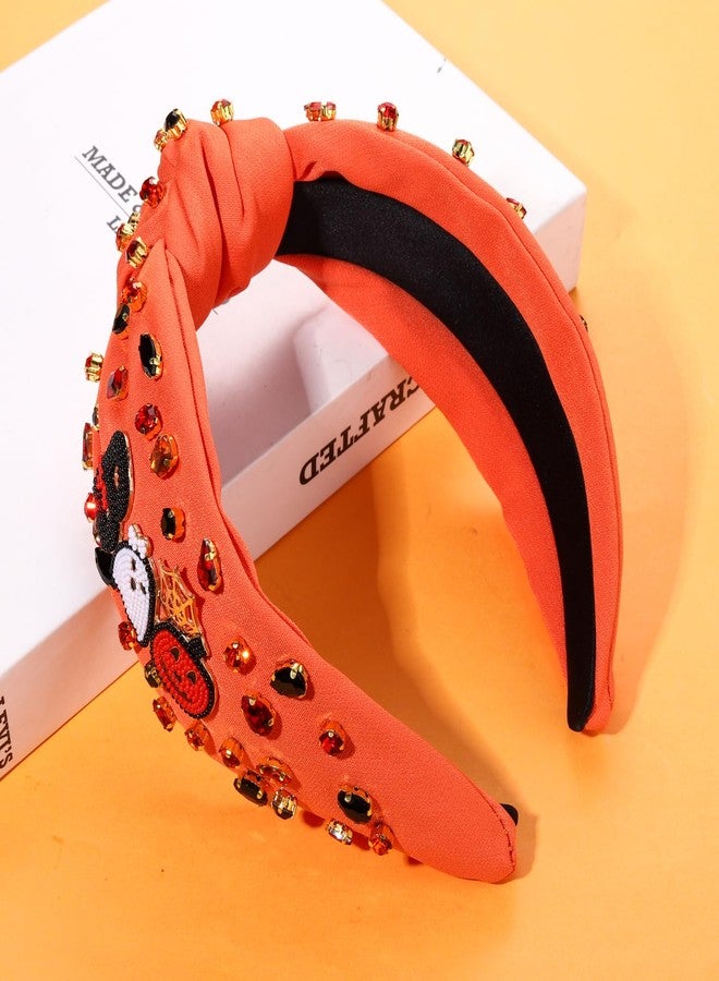 YAHPERN Halloween Headband for Women Spooky Pumpkin Spider Ghost Headband Jeweled Rhinestone Crystal Knotted Headbands Embellished Wide Top Knot Headbands Halloween Hair Accessories Gifts (BOO) - Image 2