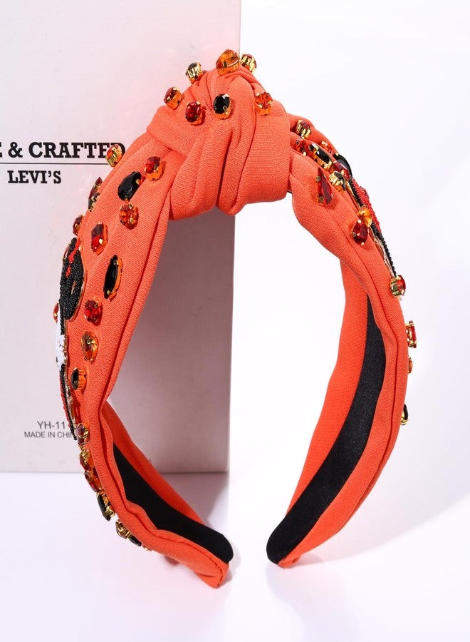 YAHPERN Halloween Headband for Women Spooky Pumpkin Spider Ghost Headband Jeweled Rhinestone Crystal Knotted Headbands Embellished Wide Top Knot Headbands Halloween Hair Accessories Gifts (BOO) - Image 3