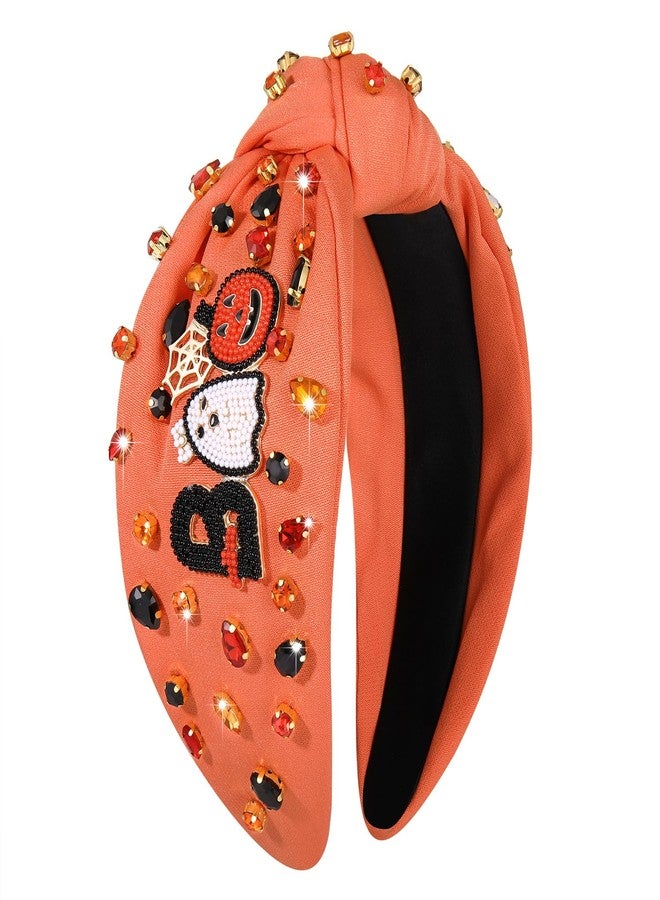 YAHPERN Halloween Headband for Women Spooky Pumpkin Spider Ghost Headband Jeweled Rhinestone Crystal Knotted Headbands Embellished Wide Top Knot Headbands Halloween Hair Accessories Gifts (BOO) - Image 1