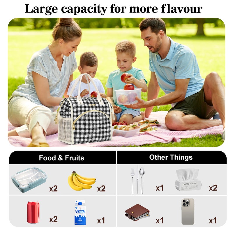 LOKASS Insulated Lunch Bag Women- Reusable 10 L Lunch Box for Women - Leakproof Tote Cooler Bag for Adults Work, Beach, Travel, Picnic ï¼ˆBlack&White Diamond Gridï¼‰ - Image 3