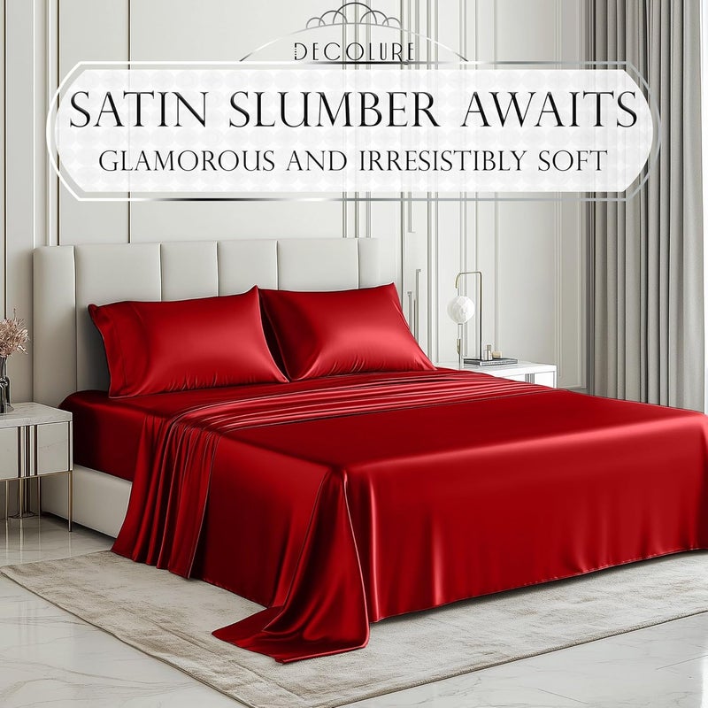 DECOLURE Satin Bed Sheets - 4 Piece Luxury Silky Queen Size Bedding Set - Softer Than Silk, Wrinkle-Free with 15” Deep Pocket Fitted Sheet, Perfect for Hair & Skin, Gifts for Women (Red-001) - Image 2