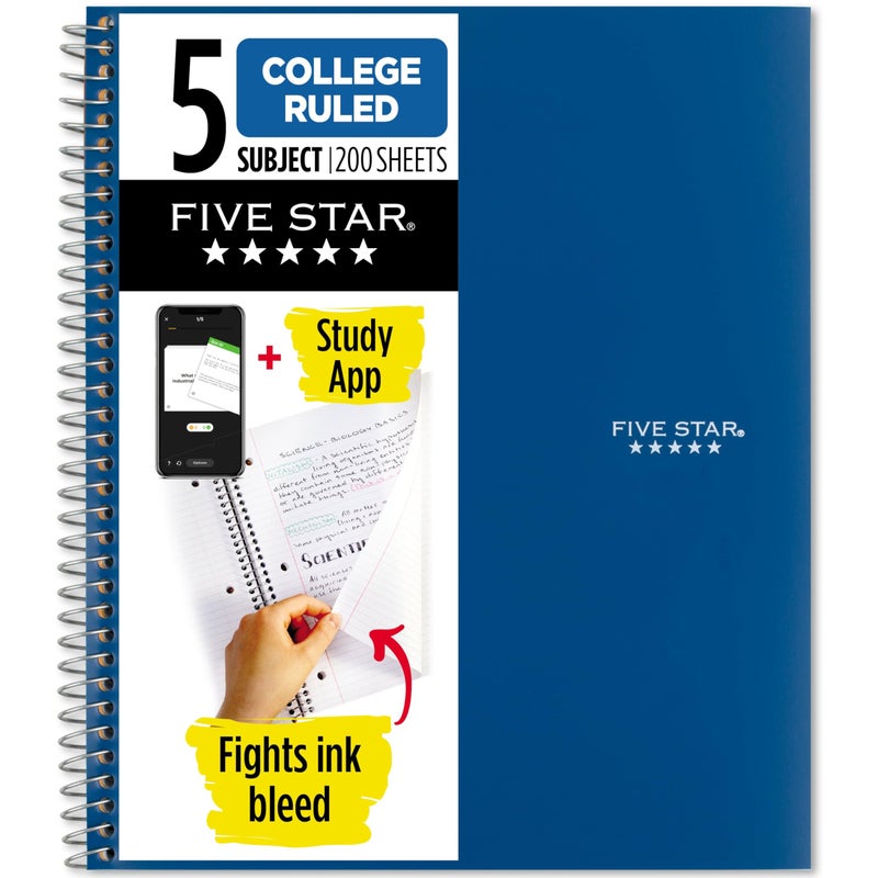 Five Star Spiral Notebook + Study App, 5 Subject, College Ruled Paper, 8-1/2" x 11", 200 Sheets, Fights Ink Bleed, Water Resistant Cover, Pacific Blue (73635) - Image 1