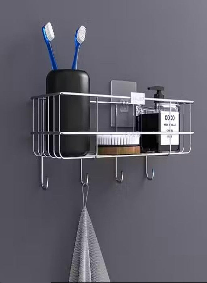 MOXLY Stainless Steel Bathroom Shelf with Hooks | Self Adhesive Wall Mount for Wash Basin and Shower Storage | Rust Resistant Wire Rack with Drain Design | No Drill Installation | Pack of 1 - Image 1