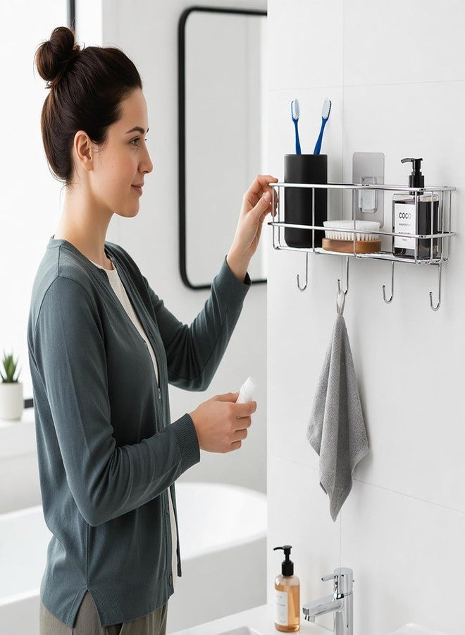 MOXLY Stainless Steel Bathroom Shelf with Hooks | Self Adhesive Wall Mount for Wash Basin and Shower Storage | Rust Resistant Wire Rack with Drain Design | No Drill Installation | Pack of 1 - Image 3