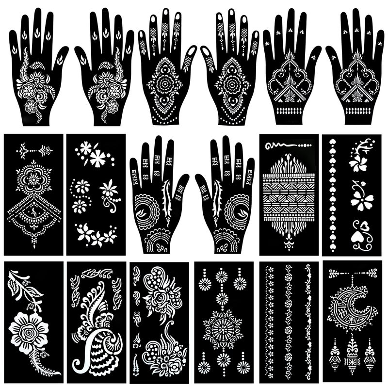 PADOUN PADOUN 18 Sheets Henna Tattoo Stencils Kits, 10-Sheet Henna Stencils for Hand Forearm Glitter Airbrush DIY And 8-Sheet Temporary Tattoo Templates Henna Stencils for Hands Reusable