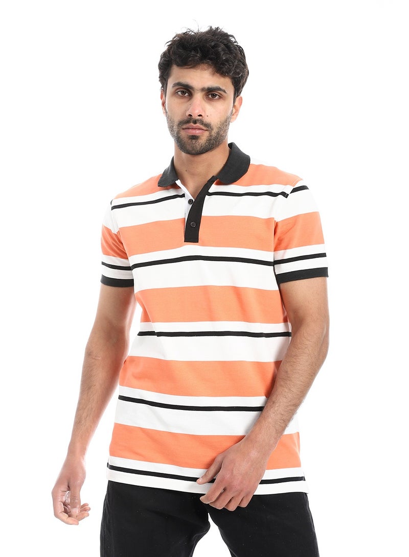 Pavone Short Sleeves Striped Polo Shirt - Orange, White & Black - Image 4