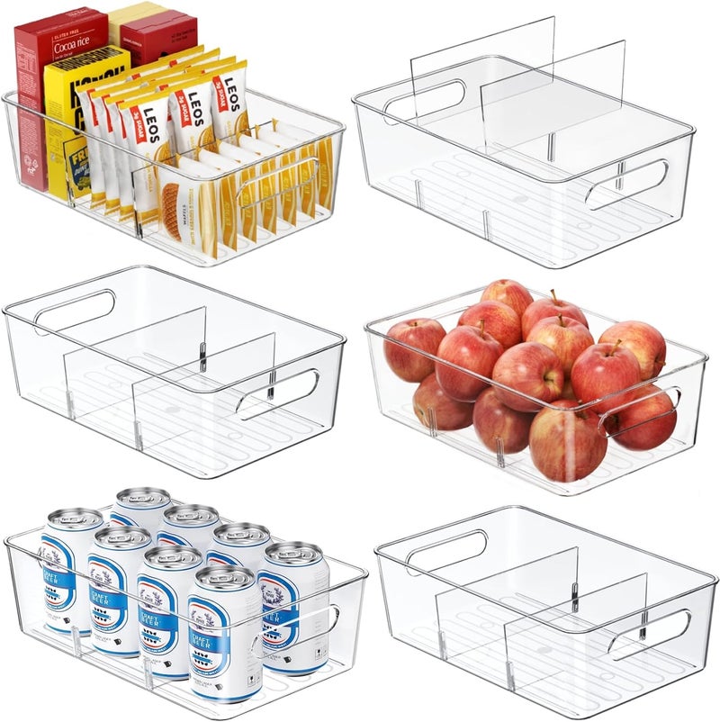 Mpotmiy Clear Pantry Storage Bins with Dividers and Handles, 6-Pack Stackable Organizers for Kitchen, Fridge, Cabinet and Bathroom – Suitable for Snacks, Drinks, Spices, Fruits, Tea Bags Organization - Image 1