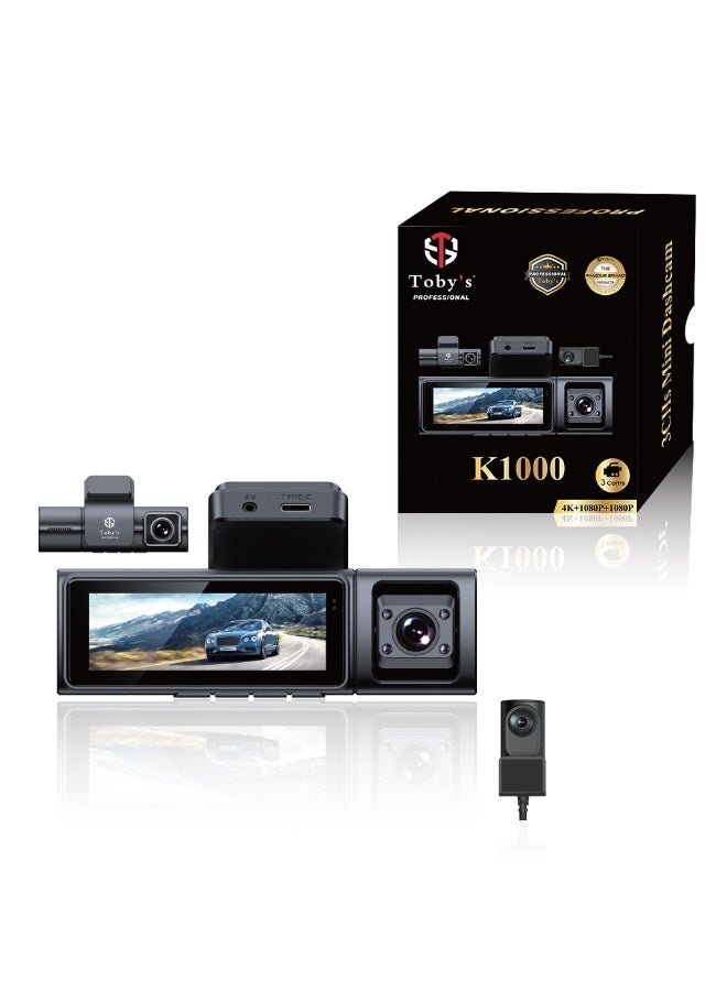 توبيز كاميرا داش توبيز K1000 3CHs 4K صغيرة مع شاشة IPS 3.2 بوصة، كاميرات أمامية/داخلية/خلفية، WiFi، حساس G، تسجيل حلقي، ركن خلفي، تسجيل بفاصل زمني - Image 1
