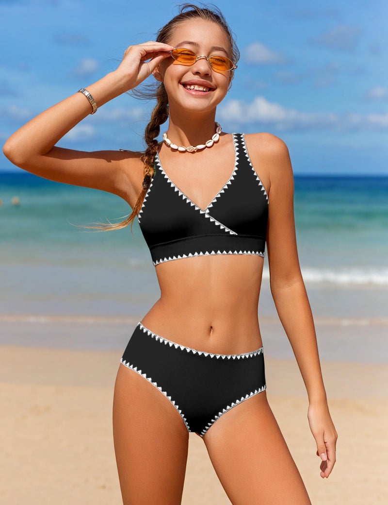 KANGKANG Girls Swimsuit Bikini Set, Girls Swimsuits Size 10-12 Solid Color V-Neck Two Piece Teen Bathing Suits with Chest Pad Adjustable Straps Swimwear Set - Image 3