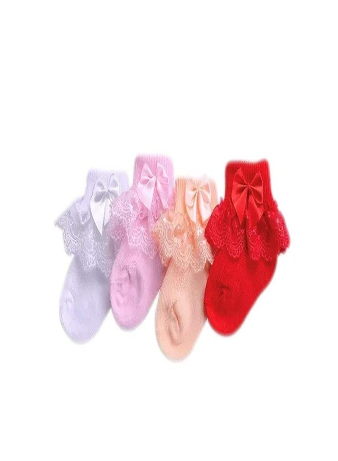 heartbury Cute And Colorful Pure Cotton Baby Girl Frilly/Lace Ankle Length Socks (Pack Of 4, 1-2 Years, Multicolor) - Image 1