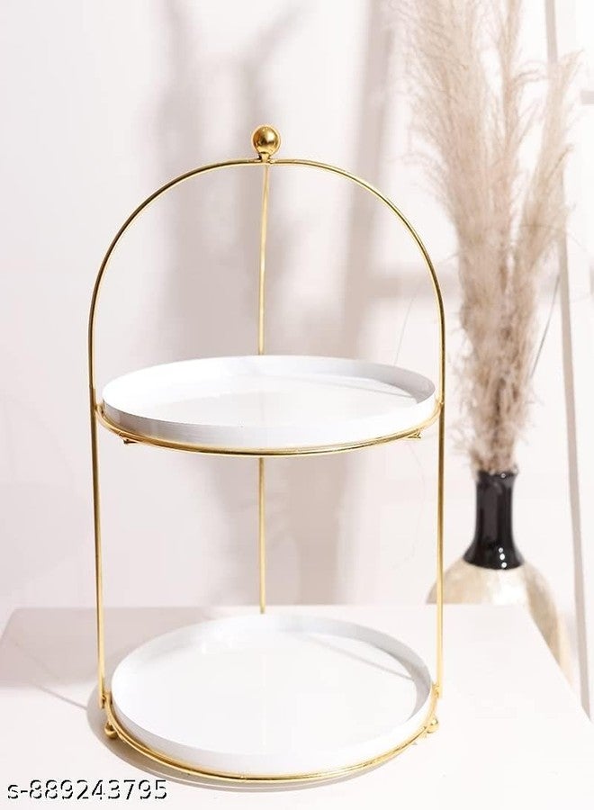 De Casa Decor حامل كيك دائري من طبقتين، إطار معدني ذهبي مع صواني بيضاء، منظم عرض مزخرف - Image 3