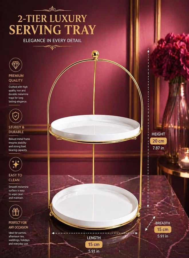 De Casa Decor حامل كيك دائري من طبقتين، إطار معدني ذهبي مع صواني بيضاء، منظم عرض مزخرف - Image 2