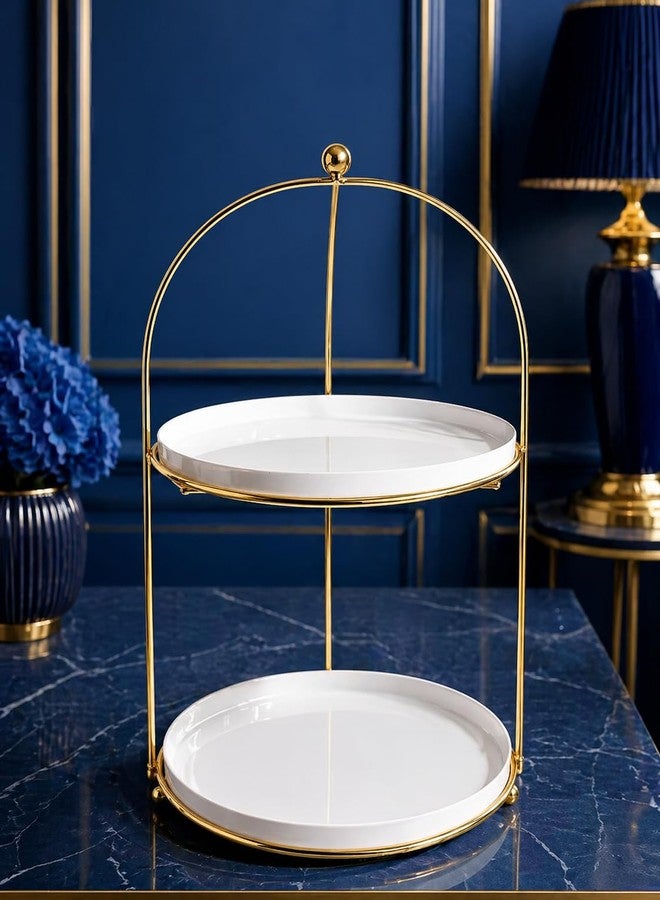 De Casa Decor حامل كيك دائري من طبقتين، إطار معدني ذهبي مع صواني بيضاء، منظم عرض مزخرف - Image 1
